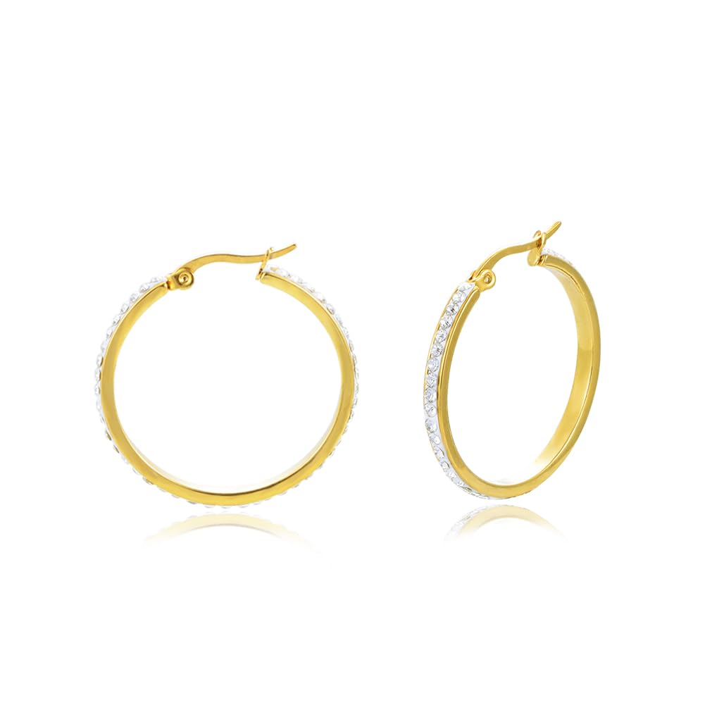 Yumay 9ct Gold Plated Hoop Creole Earrings with Crystals for Women and Girls(30MM).
