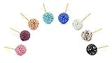 14K Gold 8mm Round Multi-Color Pave Crystal Disco Ball Stud Earrings
