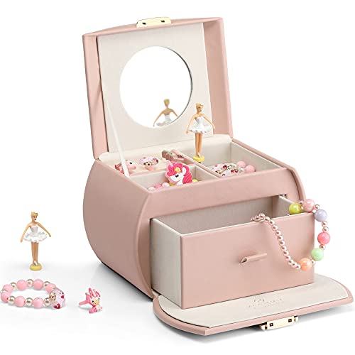 VLANDO Girls Jewellery Box with Drawer, Music Box with Ballerina and Stickers for Bedroom Decor, Gifts for Girls Kids, Pink