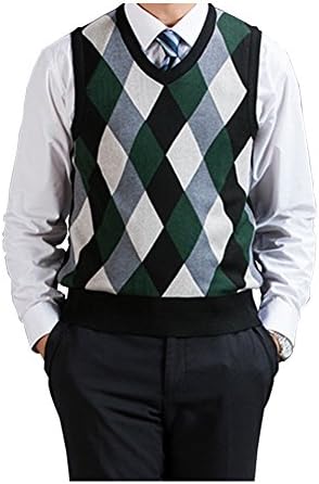 Men's Argyle V-Neck Sweater Vest Woolen Color Block Knit Business Casual