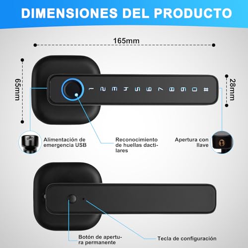 LOKOOY Cerradura Inteligente,Cerradura Electrónica 5 en 1,TUYA App Bluetooth,Huella Digital,Contraseña,Llave física,Tarjeta IC,Protección con Contraseña,Cerradura de Seguridad Fácil de Instalar(Negro)