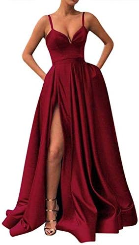 Fanciest Women's Spaghetti Straps Slit Satin Prom Evening Dresses with Pockets