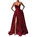 Black Prom Dress 2025 Long Satin Maxi Spaghetti Straps High Slit Formal Dress for Women Ball Gown with Pockets US16