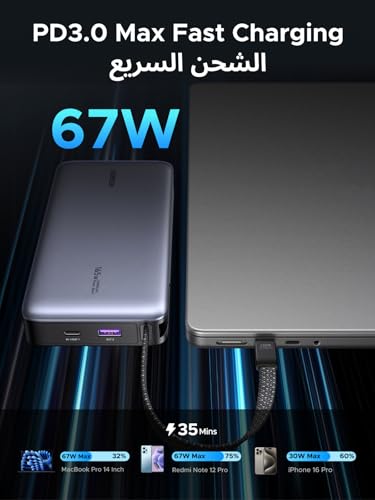 UGREEN Power Bank 20000mAh, 67W Fast Charging with Built in USB C Cable, Portable Charger for Laptop/Samsung/iPhone/Xiaomi, LED Display Battery Pack, 65W Self Charging,Nexode Series