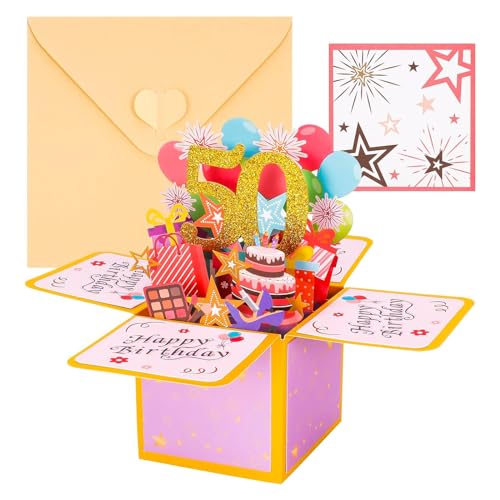 JinSu 50th Birthday Pop Up Box Card, 3D 50th Birthday Card for Her