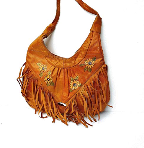 Large Hand Painted Sunflower Tan Leather Boho Fringe Hobo Shoulder Bag Bohemian Handbag for Women