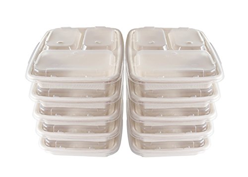 A World Of Deals 3 Compartment Compostable Food Container/Microwave Safe with Lids/Divided Plate/Bento Box, Use for 21 Day Fix, Meal Prep & Portion Control, Black Bottom with Clear Cover, 10 Piece