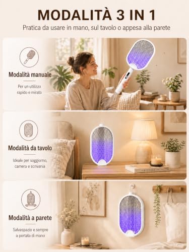 Racchetta Zanzare Elettrica 4000V Pieghevole USB-C 1800mAh Bianco