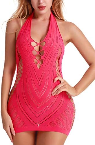 OGNEE Women Lingerie Halter Babydoll Fishnet Bodysuit Sleepwear