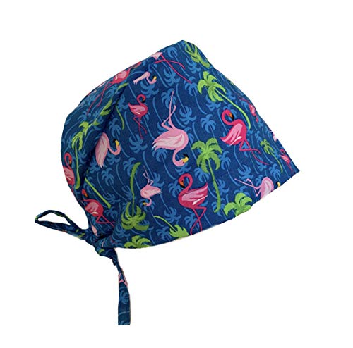 Grace N May Women's Front Fold Tie Back Scrub Cap Surgical Cap Navy Flowers (Woman Flamingo)