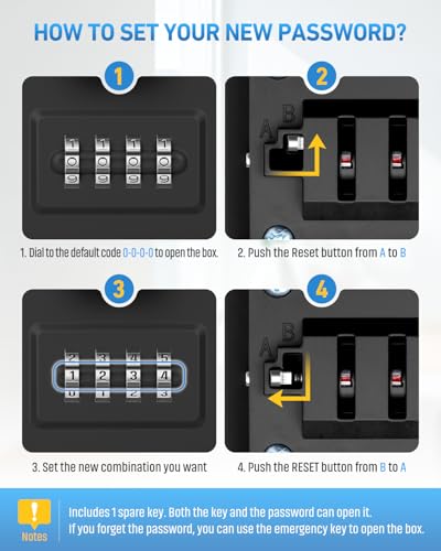 JUYANO Key Box, Large Secured Outdoor Key Box with 4 Code & Emergency Keys Aluminium Alloy Wall Key Box for School Garage Airbnb (Black)