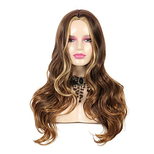 CanLux Body Wave Wig for Women Highlight Synthetic Wig 26 inch Long Curly Full Wig Ombre Brown Wavy Wig Heat Resistant Fiber with Wig Cap