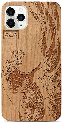 CaseYardWood Phone case for iPhone 11 Pro Laser Engraved Great Wave Design Cherry Wood Compatible iPhone case Protective Shockproof Slim fit Cell Phone Cover for Men & Women