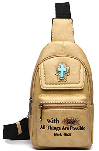 Western Embroidered Bible Verse Mark 10:27 Women Single Shoulder Backpack Sling Fanny Pack Crossbody Bag (Tan)