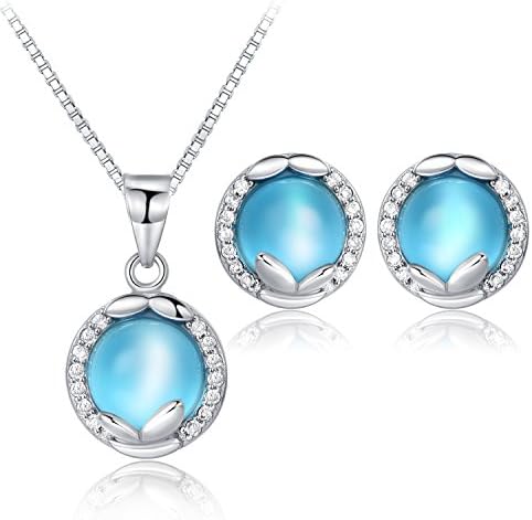 Cat's Eye Gemstone Platinum Plated 925 Sterling Silver Earring Studs Pendant Necklace Jewelry Sets for Girls