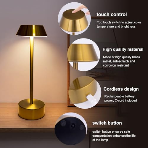 CORDLESS TABLE LAMP SET OF 2 LED RECHARGEABLE TABLE LAMPS BRUSHED GOLD BATTERY OPERATED TOUCH LAMP STEPLESS DIMMABLE PORTABLE NIGHT LIGHT FOR RESTAURANT BEDROOM COFFEE TABLE BAR