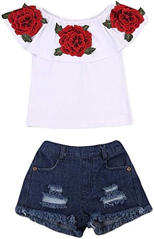 Little Girls Off-Shoulder Rose Embrodidery Ruffle Top and Denim Shorts Outfit