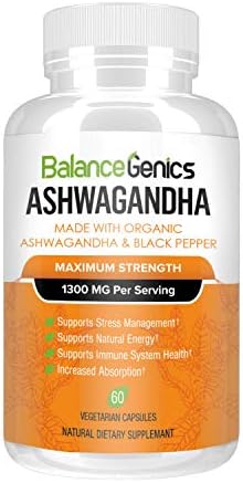 Ashwagandha, Organic Ashwagandha Root (1300mg) - Anti-Anxiety Supplement for Stress Relief, Mood, Thyroid Support – Natural Energy Booster & Mood Enhancer - 60 Veggie Capsules
