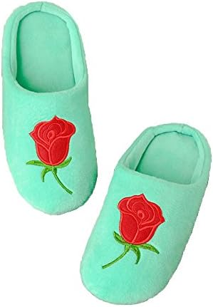 Yingrui Flats Rose Flower Slippers Winter Soft Sole House Shoes Indoor Antiskid Floor Shoes (Label Size 38-39=US7-US8, Mint green)