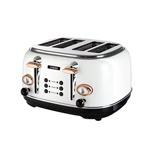 Tower Bottega T20017W 4-Slice Toaster, Stainless Steel with Adjustable Browning Control, Cancel, Defrost and Reheat…