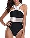 Holipick Women 1 Piece Sexy See Through Mesh Front Criss Cross Color Block Padded Monokini Swimsuit Black L