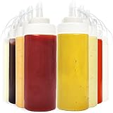 Squeeze Bottle Set [8-pack] with Bonus Funnel, Chalkboard Labels and Pen | Plastic Squirt Bottles with Cap for Sauce / Condiment Dispenser [16oz] by Prep Naturals ()