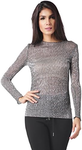 Lztlylzt Women's Semi-sheer Sexy Long Sleeve Base Tunic Tops(L,Silver)