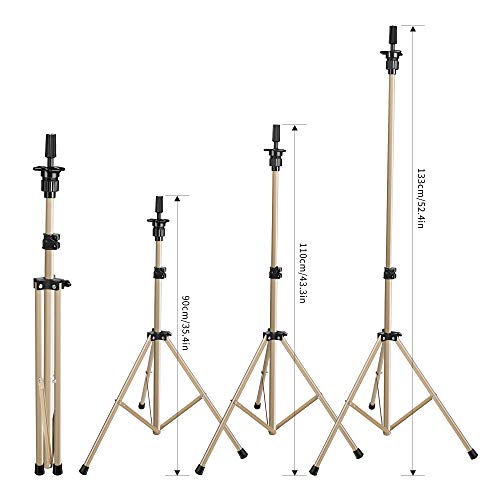 HYOUJIN Golden Wig Stand Metal Adjustable Mannequins head Wig Head Training Head Cosmetology Hairdressing Tripod Stand for Hair Extensions Canvas Block Wig Head (Golden)