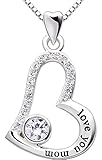 ALOV Jewelry Sterling Silver "love you mom" Love Heart Cubic Zirconia Pendant Necklace