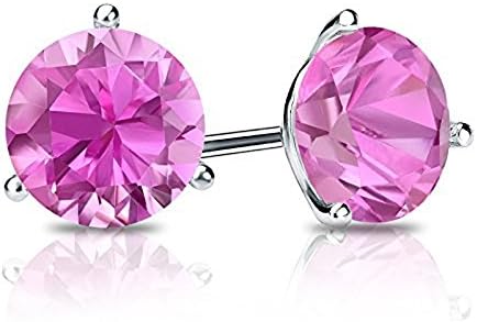 VBJewels Women's 14K Gold Toned 3-Prong Martini Round Pink Sapphire Stud Earrings 0.50 Ct White