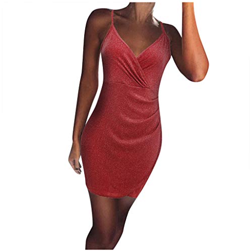 Lutos Womens Strappy Glitter Sequin V-Neck Sleeveless Maxi Party Evening Dress Red