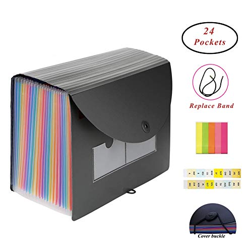 QUTAWAY Expanding File Folder 24 Pockets Accordion File Organizer with Cover New Version A4 Plastic Portable File Filing Document Holder Wallet with Lid (Rainbow, Updated Cover