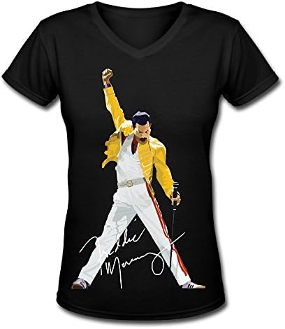 Dvigo Women's Queen Band Freddie Mercury Autograph Sign 100% Cotton V-Neck Tee Shirt