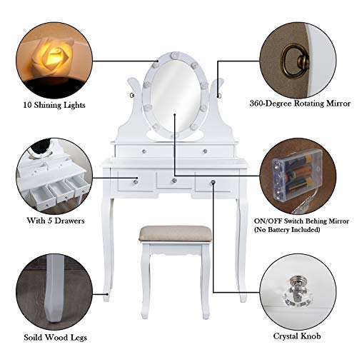 LED Vanity Table with 360° Rotating Oval Makeup Mirror,5 Drawers,Removable Top Organizer Multi-Functional Writing Desk Padded Stool with Cushioned Stool (White)