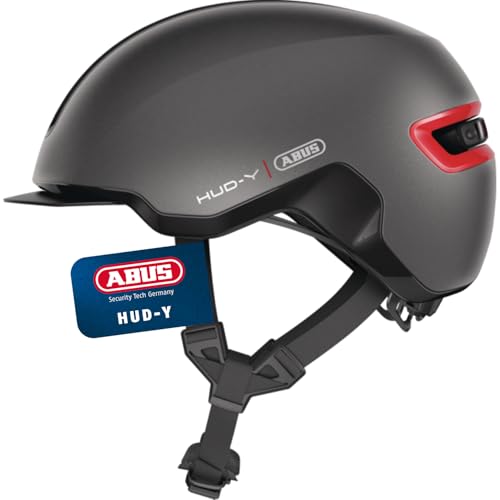 ABUS Urban Helm HUD-Y - mit magnetischem, aufladbarem LED-Rücklicht & Magnetverschluss - cooler Fahrradhelm für den Alltag - für Damen und Herren - Titan/Rot Matt, Größe L