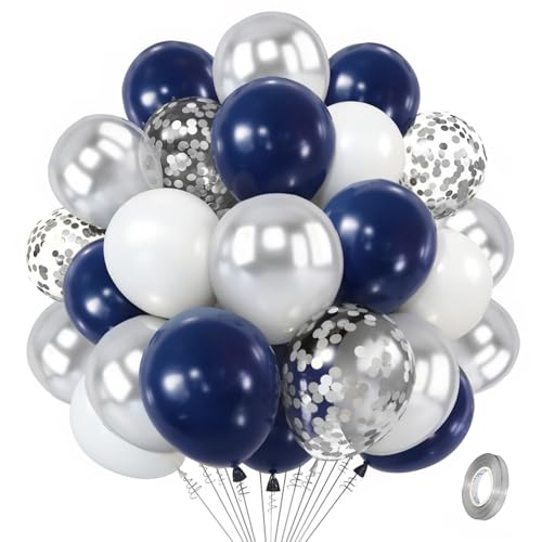 Navy Blue Silver Balloons Kit,50pcs 12inch Royal Dark Blue Metallic Silver White Balloon with Conffetti Latex Balloon for Wedding Graduation Birthday Anniversary Party Decorations