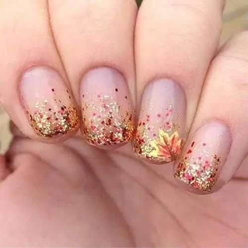 Thanksgiving Press on Short Nails Square Shaped Acrylic Glossy Full Cover Square Fall False Nails with Maple Leaf Designs Artificial Autumn Leaves Glue ons Square Fake Nails for Women Girls(YS06) at Amazon