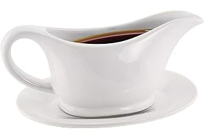 KOVOT White Elegant 12oz Ceramic Gravy Boat and Saucer Plate Set - Perfect for Thanksgiving Gravies, Sauces, and Dressings - Microwave and Dishwasher Safe
