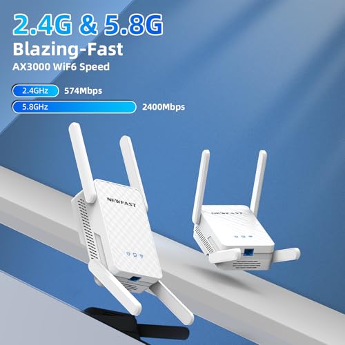 NEWFAST AX3000 WiFi Repeater Long Range WiFi Signal Amplifier 5Ghz/2.4Ghz Gigabit Wi-Fi Extender Supports 65 Online Devices, Repeater/Router/Ap/Bridge Modes, 10/100/1000Mbps, WPA2