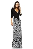 VIVICASTLE Women's Printed V-neck 3/4 Sleeve Wrap Waist Tie Long Maxi Dress (Medium, D32, blk)