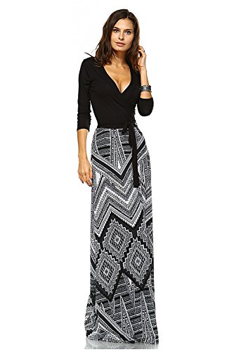 VIVICASTLE Women's Printed V-neck 3/4 Sleeve Wrap Waist Tie Long Maxi Dress (Medium, D32, blk)