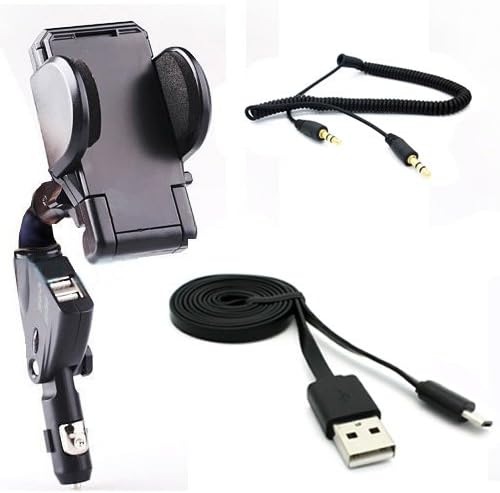 Universal Car Mount with Dual Charging USB Ports Lighter Socket Plug Holder + Premium 3ft Flat Data Cord Sync Wire + Coiled 3.5mm to 3.5mm Stereo AUX-in Audio Cable for Samsung Galaxy S5, S4, S3, S2, Galaxy Note Edge, 4 3 2 1 - Motorola Nexus 6, Moto X G, DROID MAXX / RAZR MAXX / HD / Ultra / Mini, RAZR M, Droid Turbo - HTC One MAX / ONE M8 / One Remix, Blackberry Passport, Sony Xperia Z3 Compact, Xperia Z3v, ZTE Grand XMax