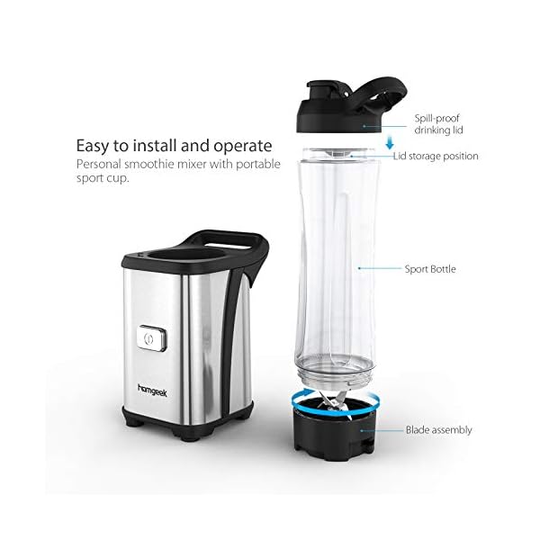 Smoothie-Blender-Mixer-homgeek-Stainless-Steel-Personal-Blender-Smoothie-Maker-with-2x600ML-Portable-Bottles-for-Milkshake-Fruit-and-Baby-Food-23000-RPM-High-Speed-BPA-Free-UK-Plug Smoothie Blender Mixer, homgeek Stainless Steel Personal Blender Smoothie Maker, with 2x600ML Portable Bottles for Milkshake, Fruit and Baby Food, 23,000 RPM High Speed, BPA Free, UK Plug