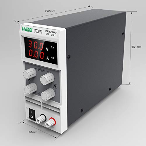 UNIROI DC Available Power Supply, 0-30V/0-10A Adjustable Power Supply with 3-Digit LED Display, Alligator Clip Leads (Banana Plug and Spade Lugs), Input Power Cord UC3010