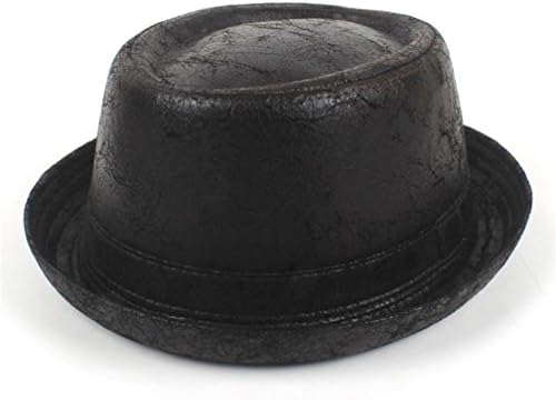 Vintage Leather Pork Pie Fedora Hat Men Boater Flat Top Hat for Gentleman Bowler