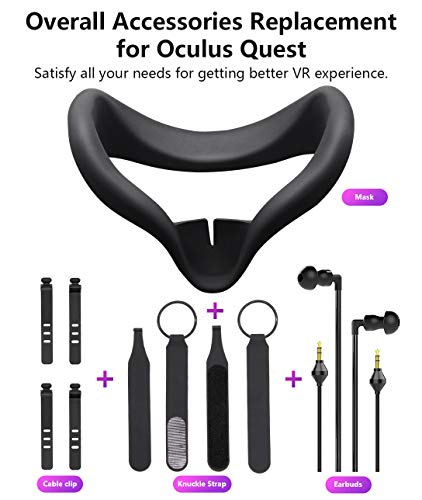 Accessories Bundle for Oculus Quest, Kit with Silicone Mask Pad Cover, Controller Knuckle Grip Strap, One-Side Headphones and Cable Clip Organizer for Oculus Quest