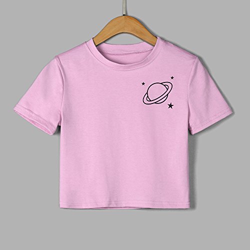 Women Teen Girl Crop Tops Cute Saturn Star Print Short Sleeve Fashion T Shirt Blouse (Pink, S)