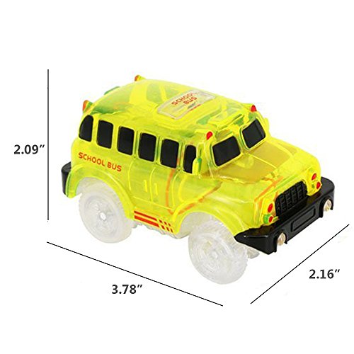 2 Pack Replacement Track Cars Light Up Toy Cars, 5 LED Flashing Lights Compatible with Most Tracks, Green Military Jeep and Yellow School Bus