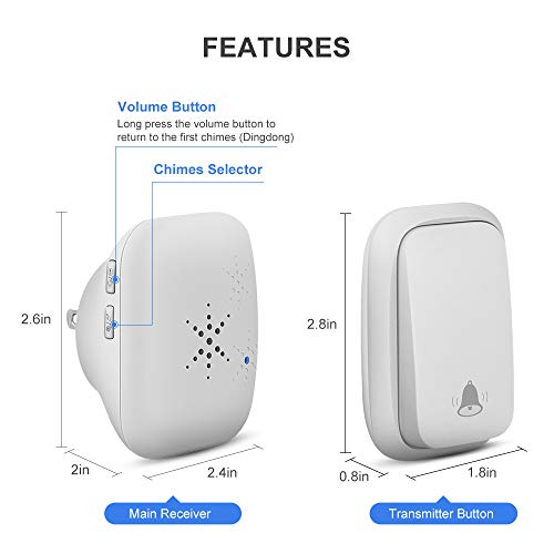 No Battery Required Doorbell,CFGROW Self-Powered Generation Waterproof Wireless Door Bell Chime Kit For Home, Office, Shops,Dog Bell,Operating At 1000 Feet,38 Chimes, 4 Volume Levels & Led Indicator - Thumbnail 6