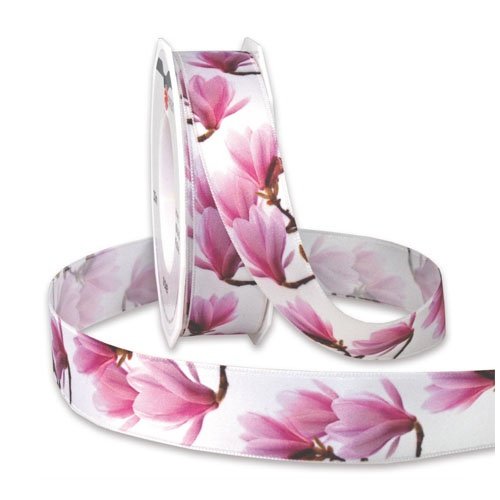 Präsent - Magnolien Printed Satin Ribbon White 20-m-Roll 25 mm width